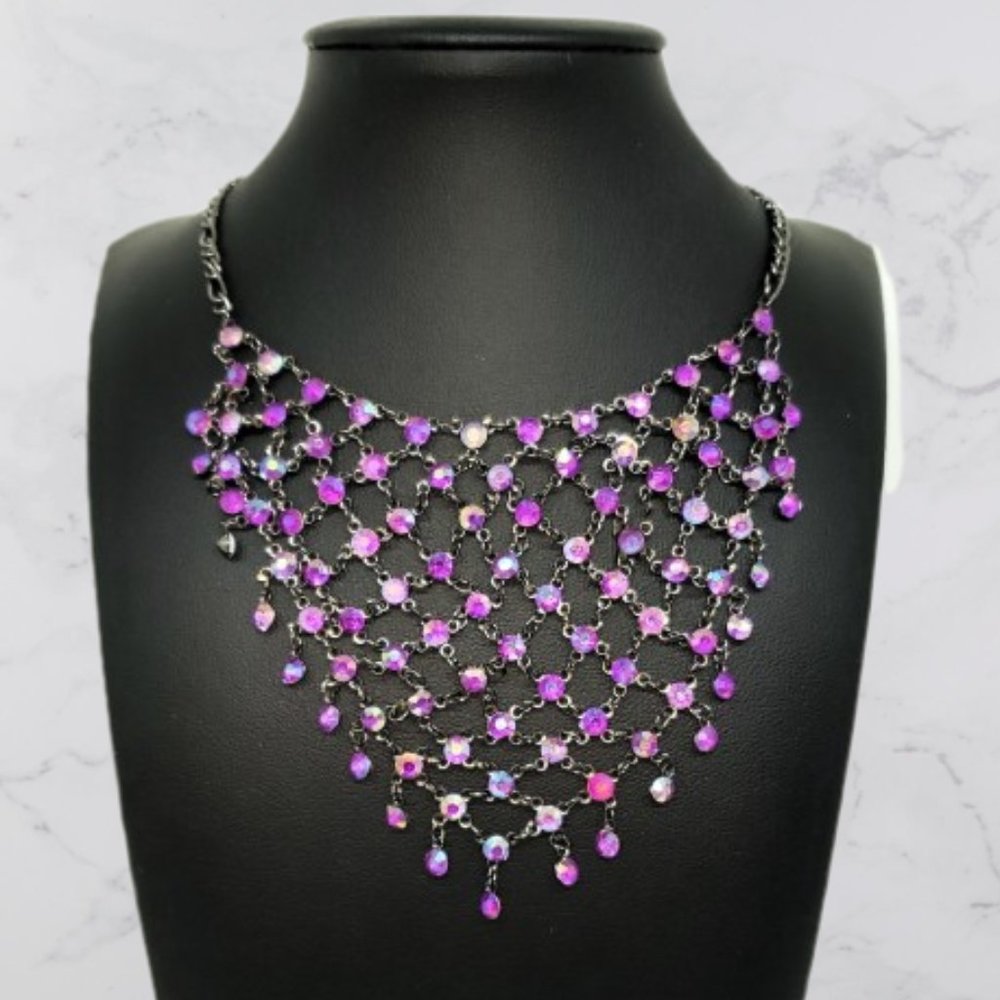 BEAUTIFUL!! Mesh Collar Cascade Purple Rhinestones Gunmetal Reversable Necklace